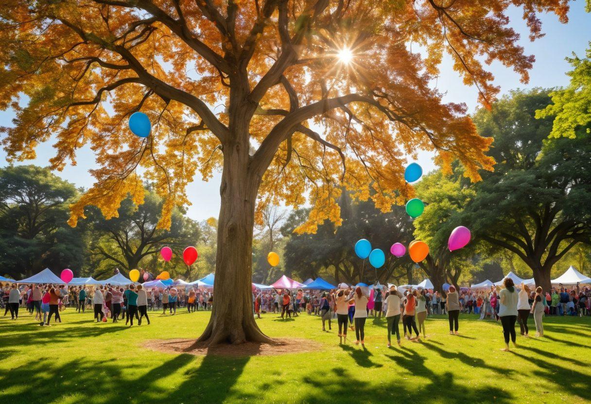 A vibrant community gathering in a sunny park, featuring diverse Tomollo residents cheering, engaging in activities like yoga and painting, surrounded by colorful banners and balloons. A large tree in the background symbolizes growth and support, with smiling faces radiating joy. The atmosphere exudes warmth and connection, showcasing unity and celebration. super-realistic. vibrant colors. bright background.