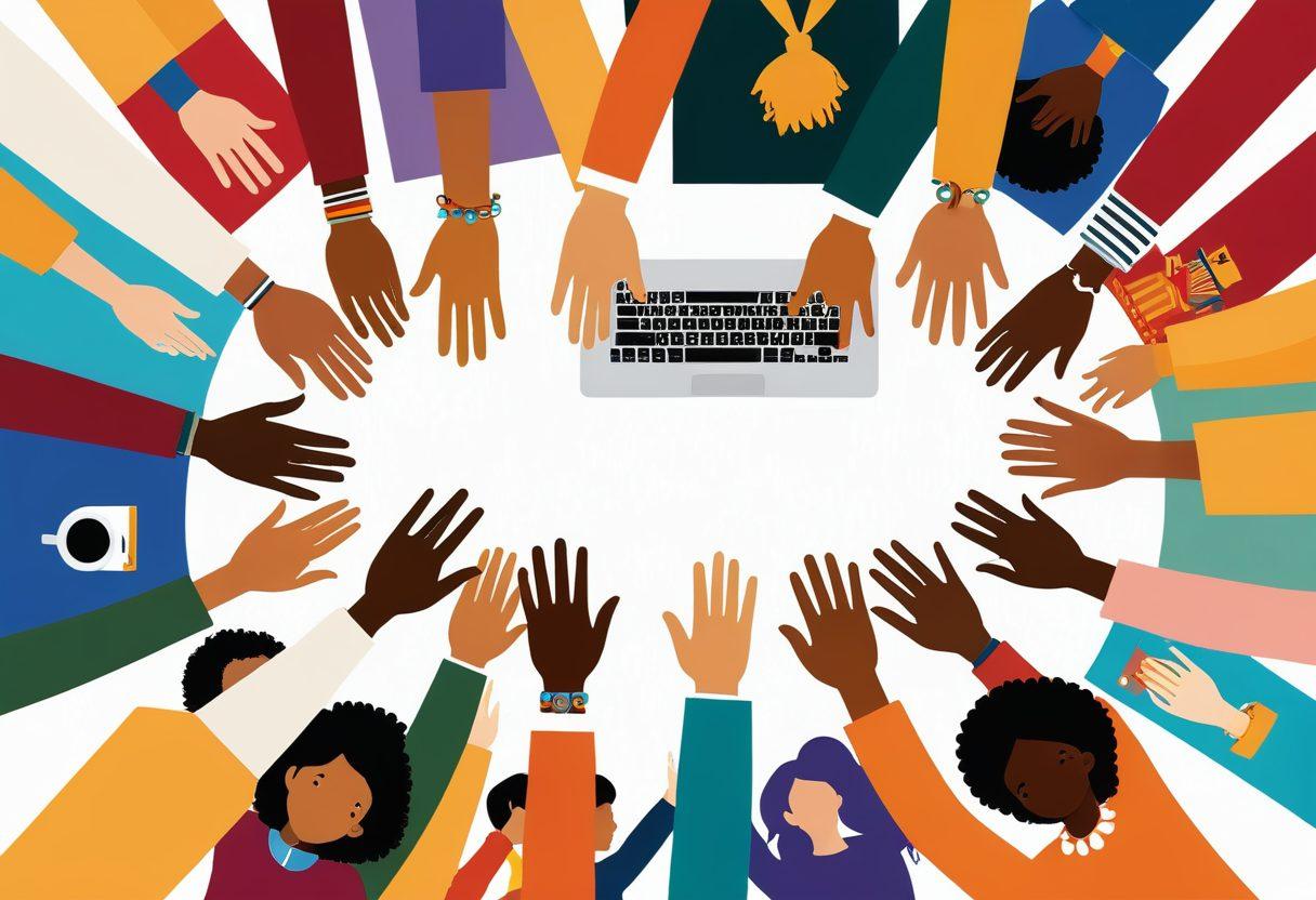 A vibrant illustration of diverse individuals from different cultures joined in a circle, sharing ideas and resources, with their hands interlinked symbolizing unity. Surrounding them, various technological elements like laptops and digital networks radiate, representing collaboration in a modern context. The background is a blend of warm and soothing colors to evoke a sense of community and connection. vector art. vibrant colors. white background.