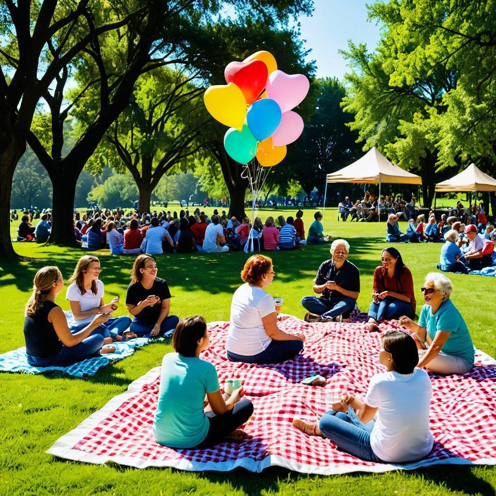 A vibrant community gathering in a sunny park, showcasing diverse individuals laughing, sharing, and enjoying activities together. Colorful picnic blankets, balloons, and joyful expressions create a warm atmosphere of connection. In the background, a banner reads 'Embrace Joy', decorated with flowers and hearts. A sense of harmony and happiness flows throughout the scene. vivid colors. super-realistic.